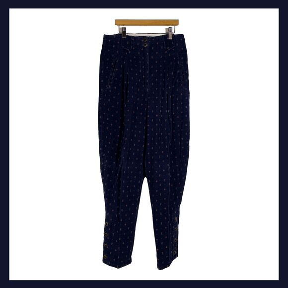 Vintage Corduroy Pants Navy Red Print High Waist Button Leg 80s 90s Boho 29x28 - Picture 1 of 16